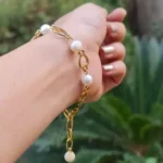 دستبند مروارید اصل و استیل طلایی