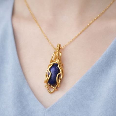 آویز سنگ لاجورد افغان با رکاب برنز