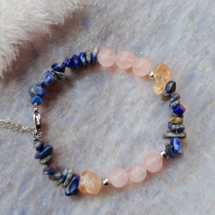 دستبند سنگ اصل رز کوارتز و سیترین و لاجورد